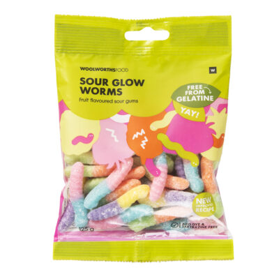 WOOLWORTHS SOUR GLOW WORMS 125G