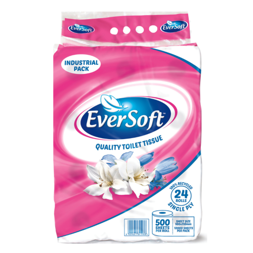eversoft industrial pak 24 rolls 1 ply 500 sheets EVERSOFT INDUSTR PACK 1PLY 24ROLL 500SH - Image 1