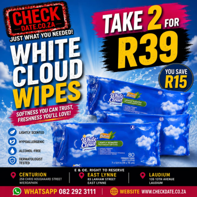 WHITE CLOUD WIPES 2 FOR R39