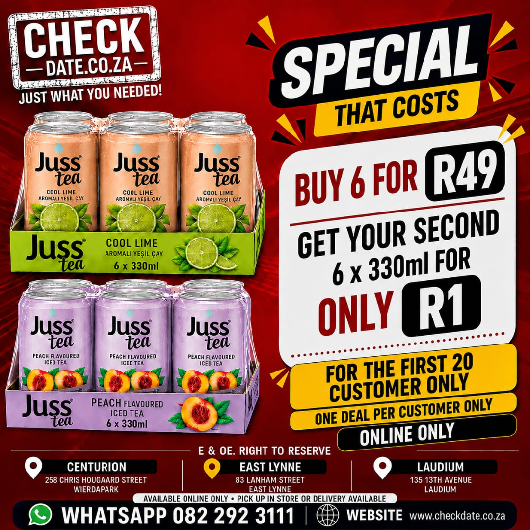 juss tea special 1 for 49 other one for R1 JUSS TEA PEACH 6 PACK FOR R49 AND 6 PACK COOL LIME FOR R1 - Image 1